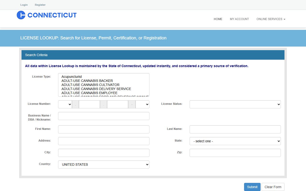 Connecticut eLicense lookup portal for people search verification